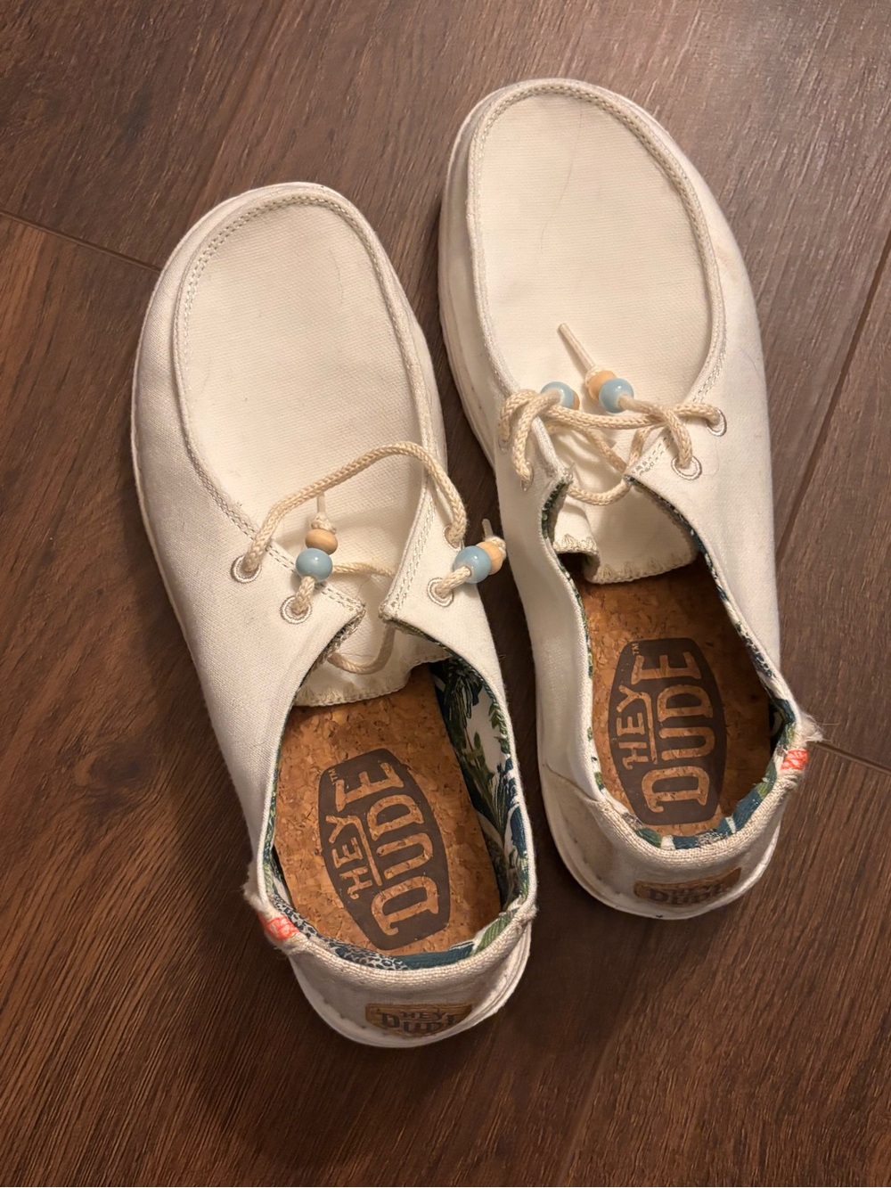 Hey Dude Women’s Cream Canvas Slip-On Loafers with Blue Bead Accents